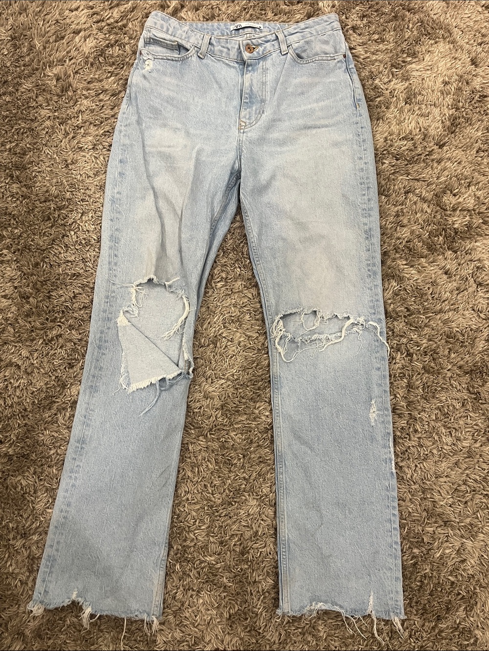 Zara Light Wash Distressed Straight-Leg Jeans